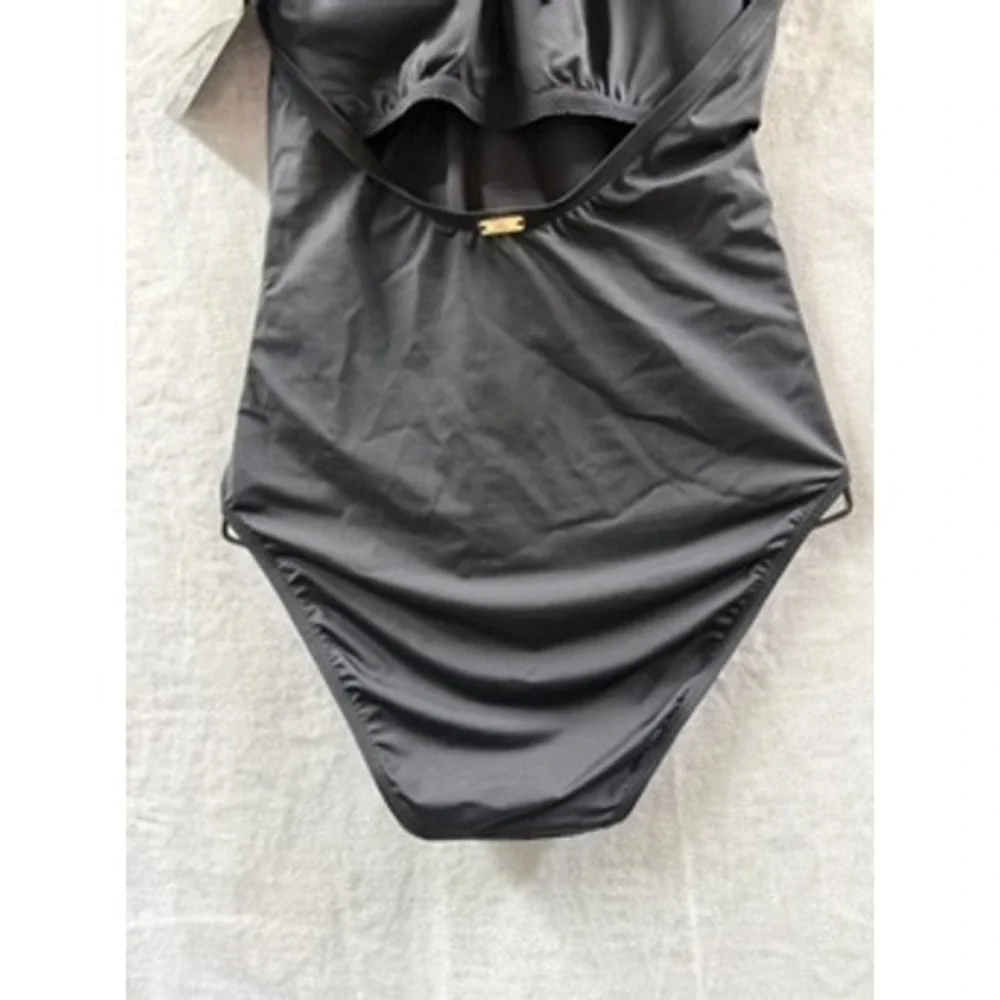 Lauren Ralph Lauren Womens Black Halter O-Ring One Piece Swimsuit $160 Size 12